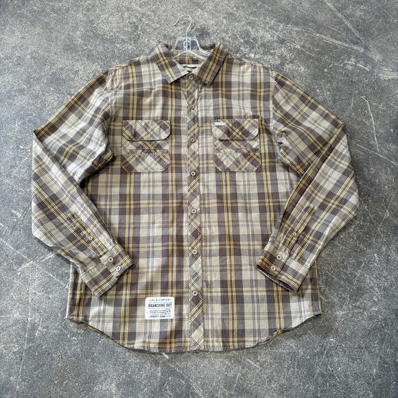LRG Lifted Research Group Shirt Mens XL Brown Tan Plaid Wovens Button Up Utility - Picture 1 of 8